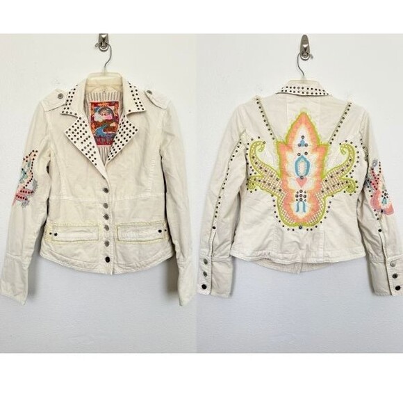 Johnny Was Biya Blazer Studded Embroidered White Y2k Bohemian Women's Size Small - Picture 1 of 16